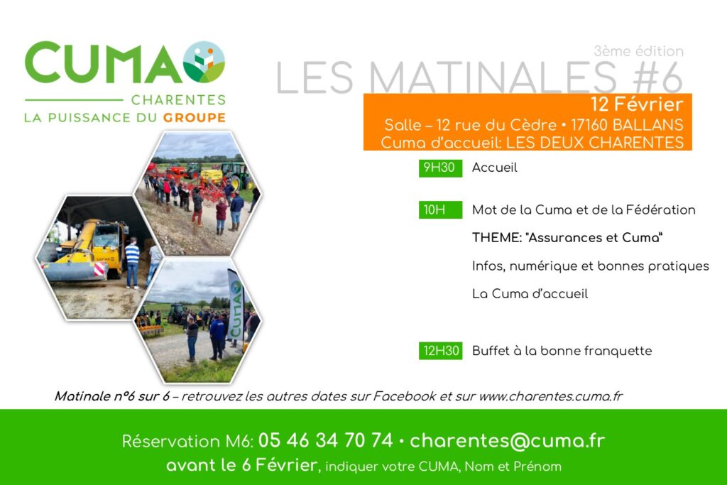 Programme matinale 12 février 2025
Matinale : la Cuma les Deux Charentes vous accueille